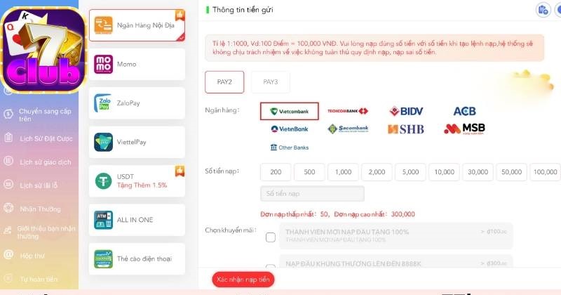Nạp tiền 7Club qua ngân hàng phổ biến nhất